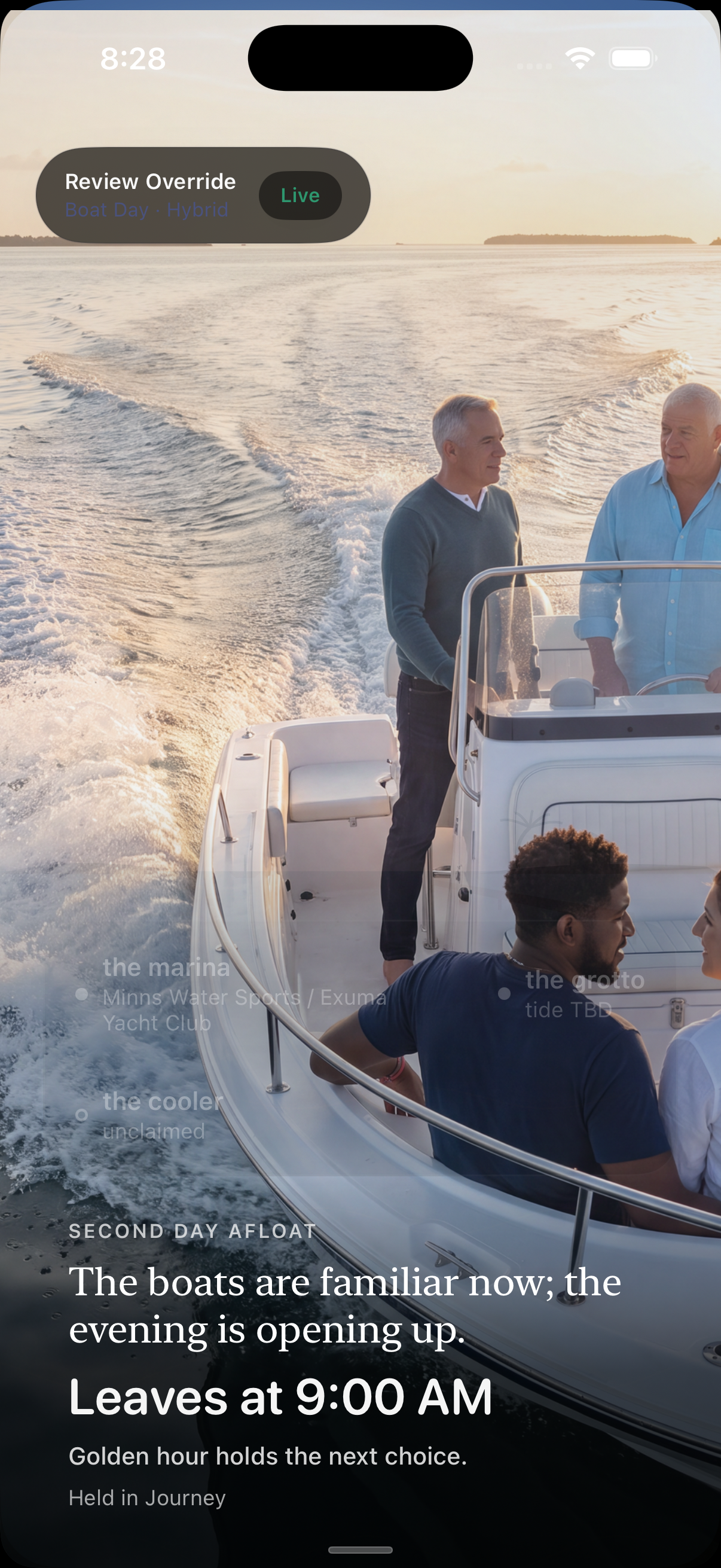 VacationOS Boat Day Two golden hour: heading home across a luminous golden wake at sunset, the group gathered at the helm.