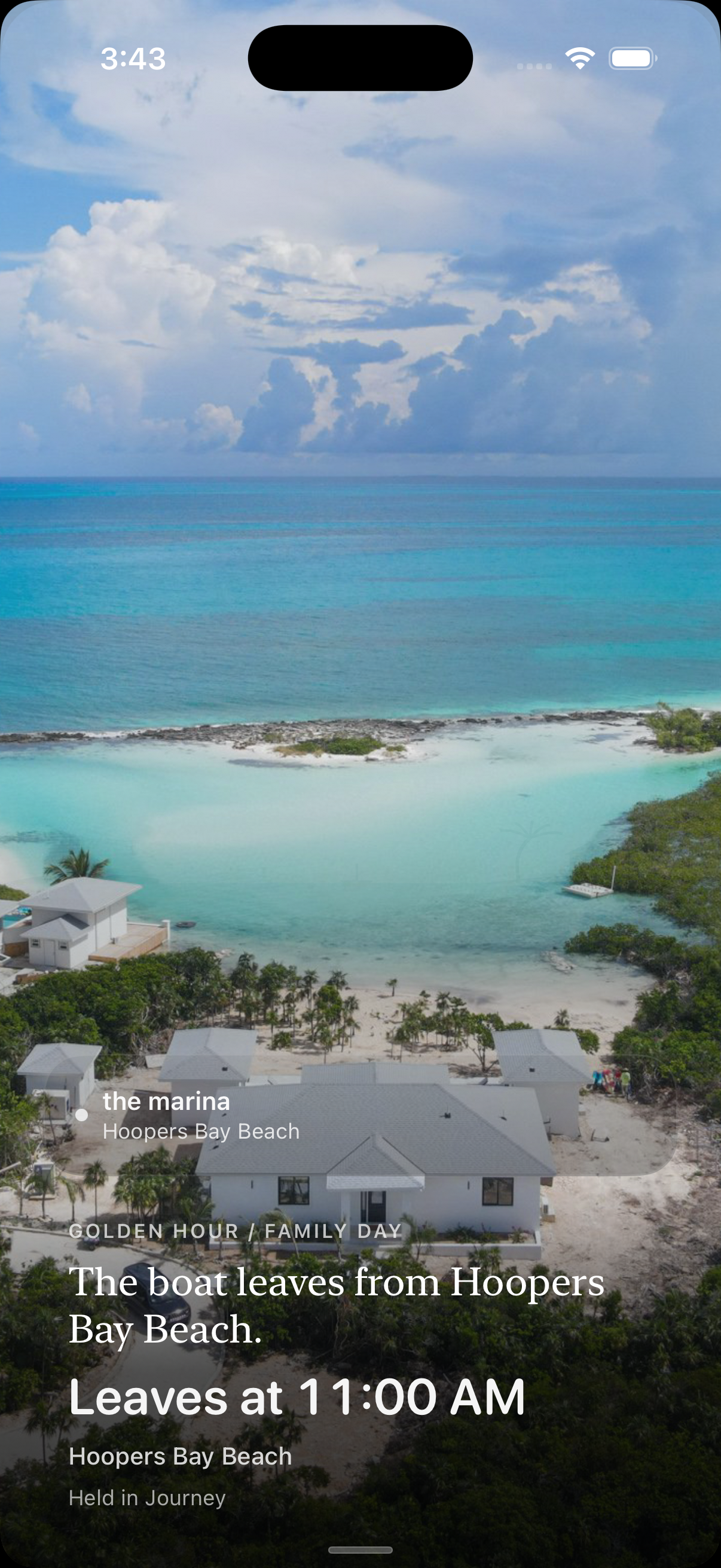 VacationOS family day: an aerial view of the villa, beach and lagoon, noting the boat leaves from Hoopers Bay Beach at 11:00 AM.