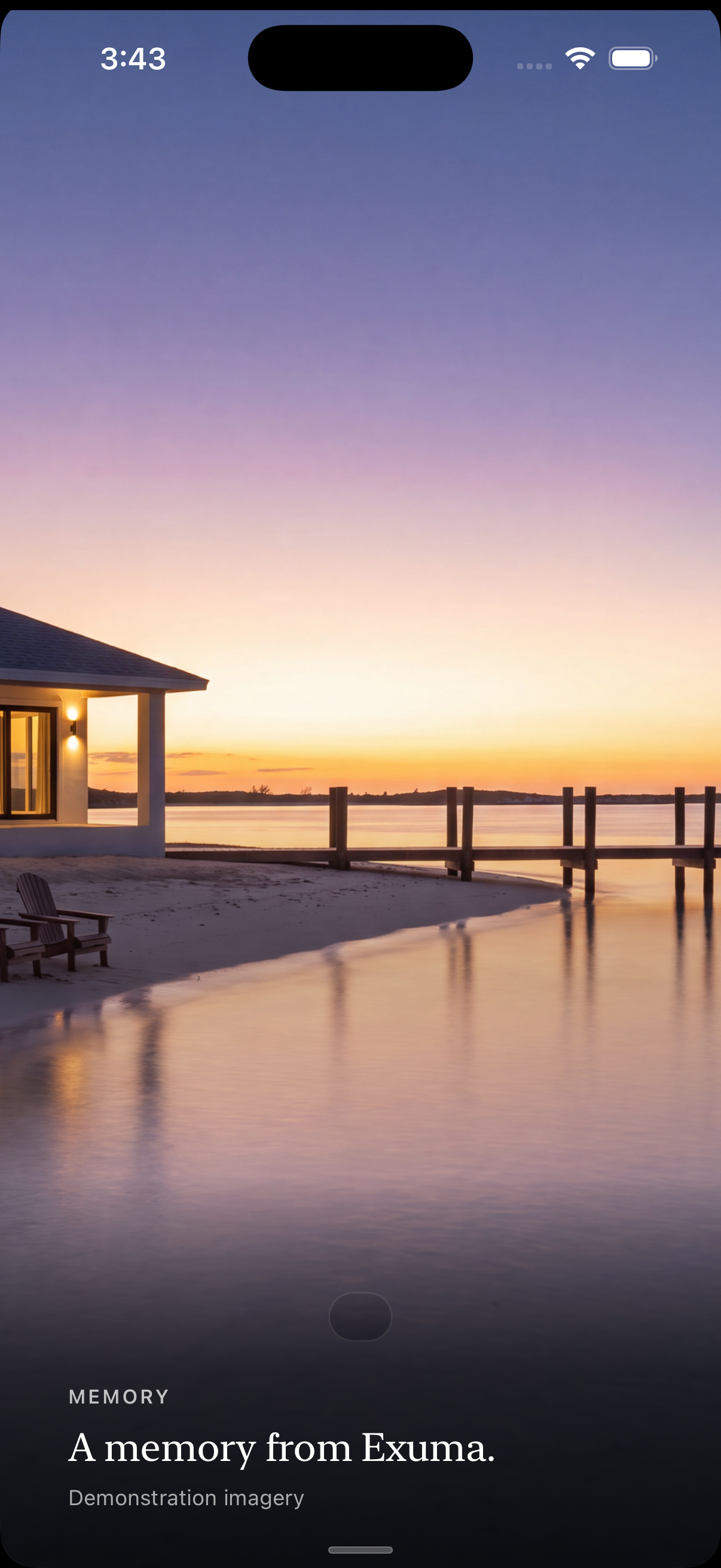 VacationOS one month after: the empty shoreline at dusk with the villa lights on, and a single memory-first sentence.