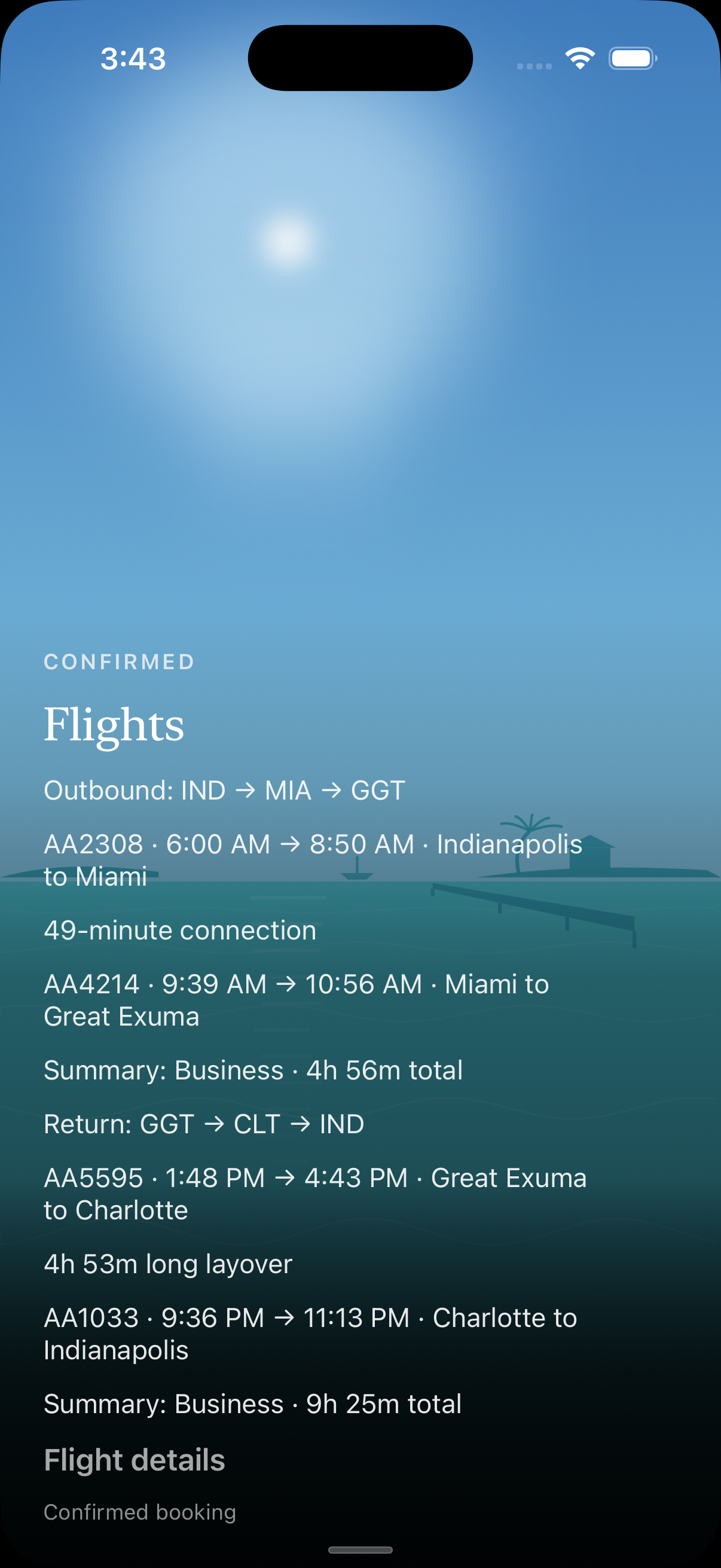 VacationOS flights view: confirmed outbound and return legs with flight numbers, times and cabin summaries.