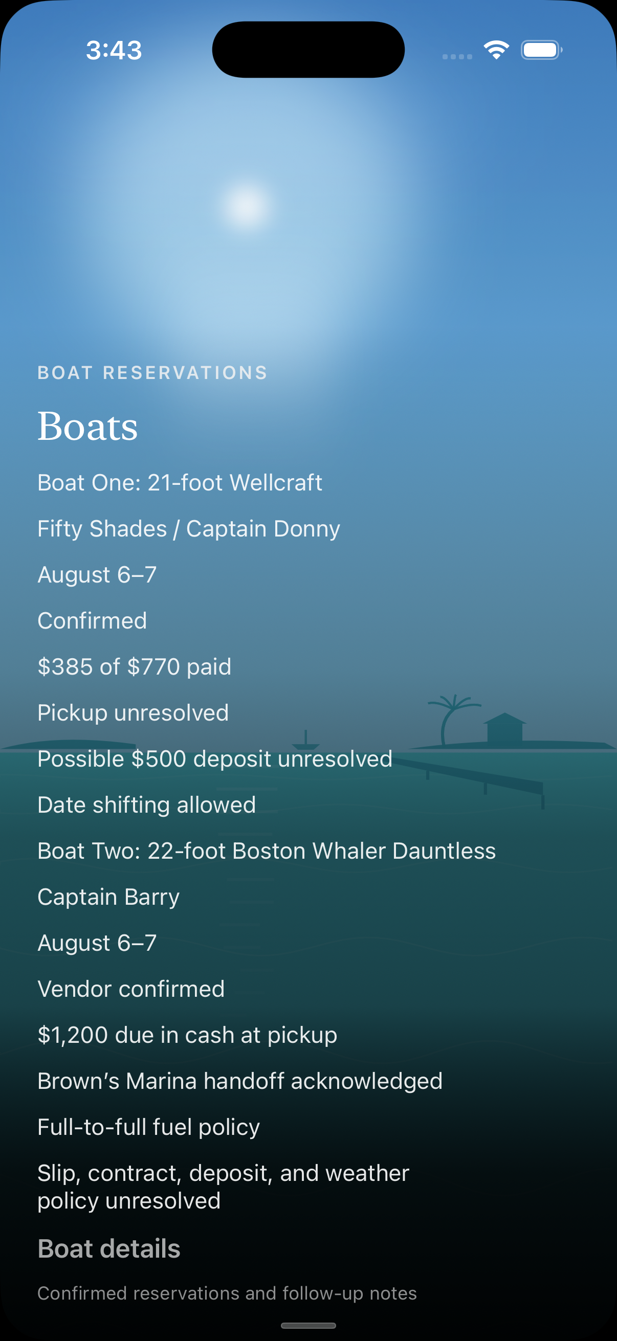 VacationOS boats view: both chartered boats with payment state and pickup details held quietly.