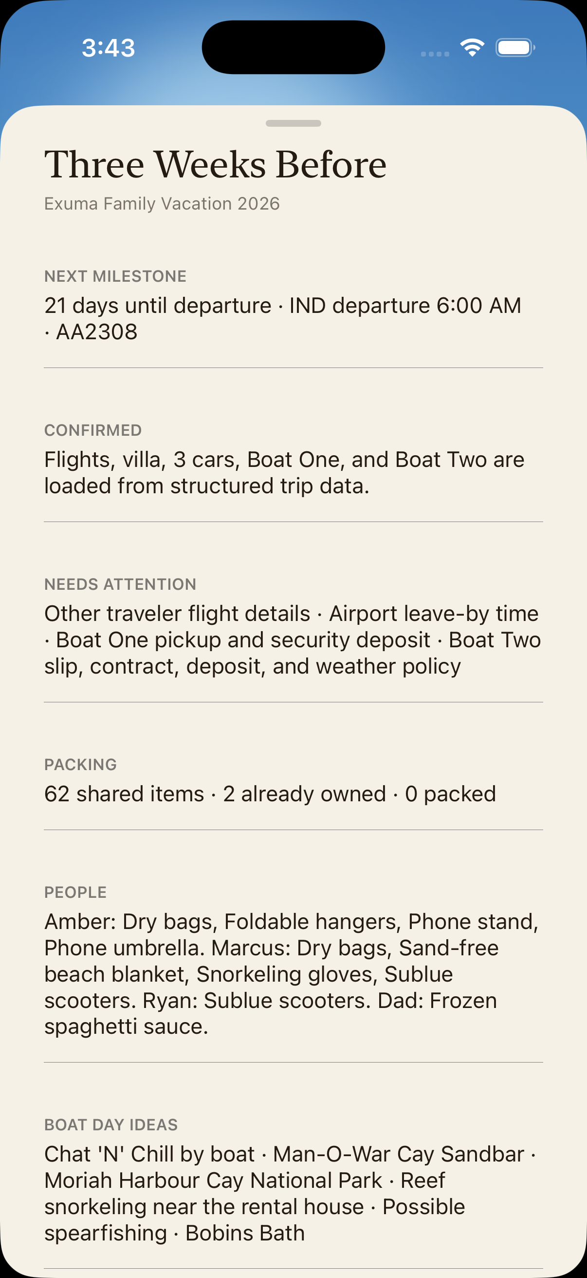 VacationOS detail floor: packing progress, travelers and remaining handoffs listed as quiet facts.