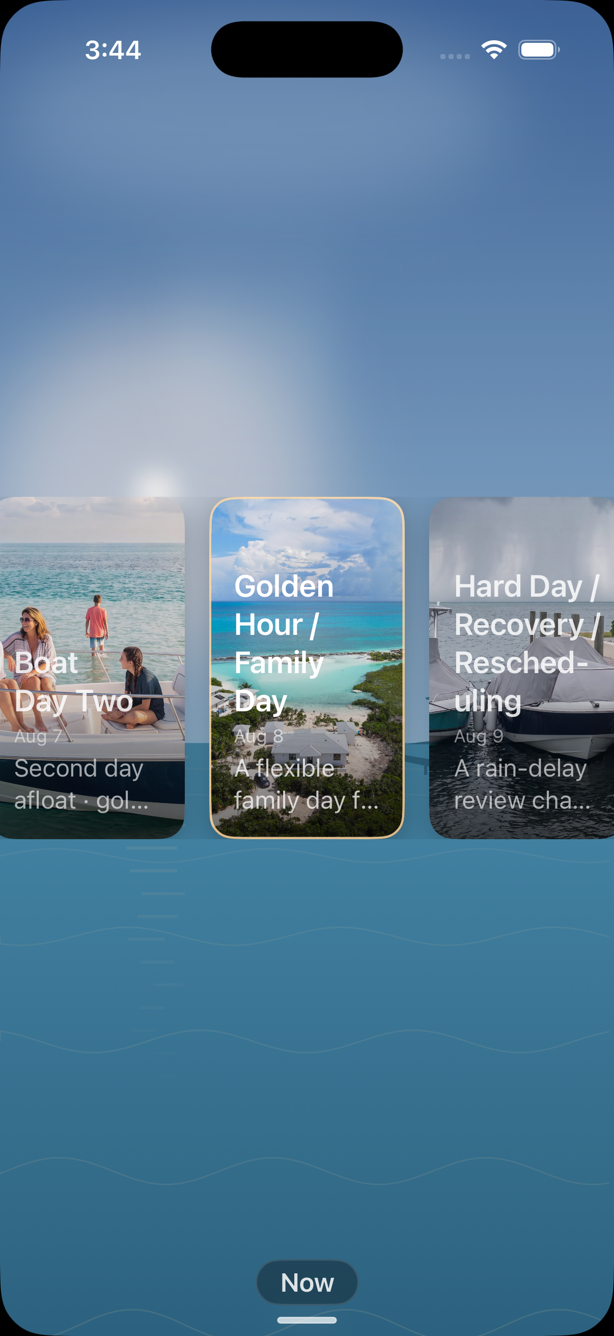 VacationOS widened to trip view: chapter cards for Boat Day Two, Golden Hour / Family Day and Hard Day, each carrying the same recurring travelers and boats.