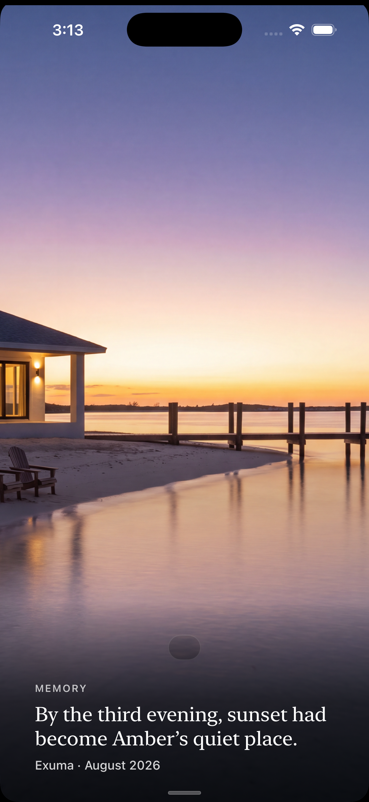 VacationOS long after the trip: a kept sunset moment returning as the trip's memory.