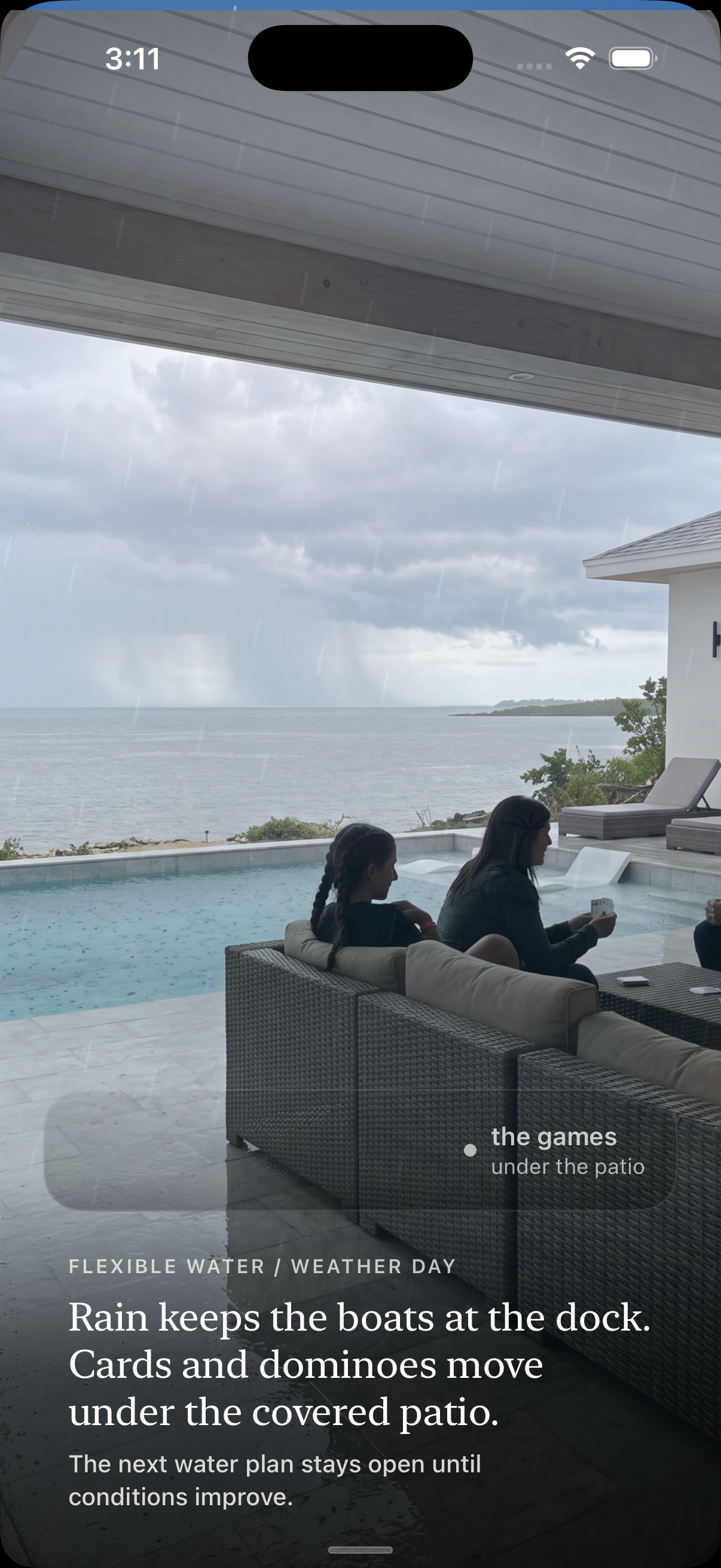 VacationOS weather day: the patio games carrying the afternoon — Mexican Dominoes, Phase 10 and waterproof cards — while the next water call stays open.