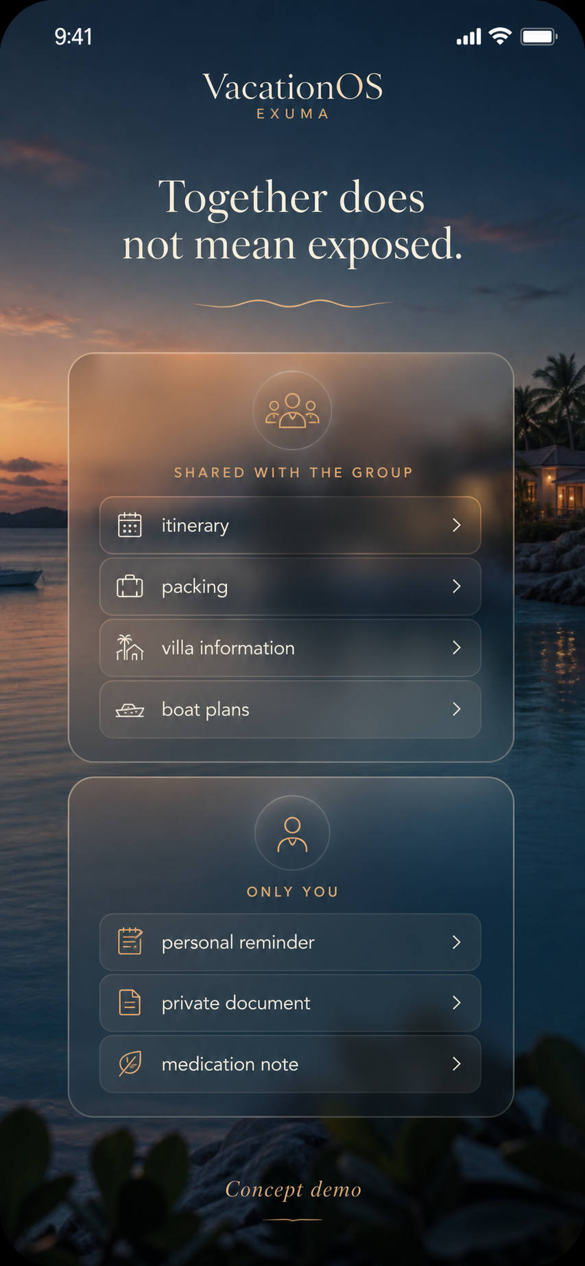 Concept view of the VacationOS privacy model: shared trip plans held by the group while personal reminders, documents and health notes stay with one traveler. Not a production screenshot.