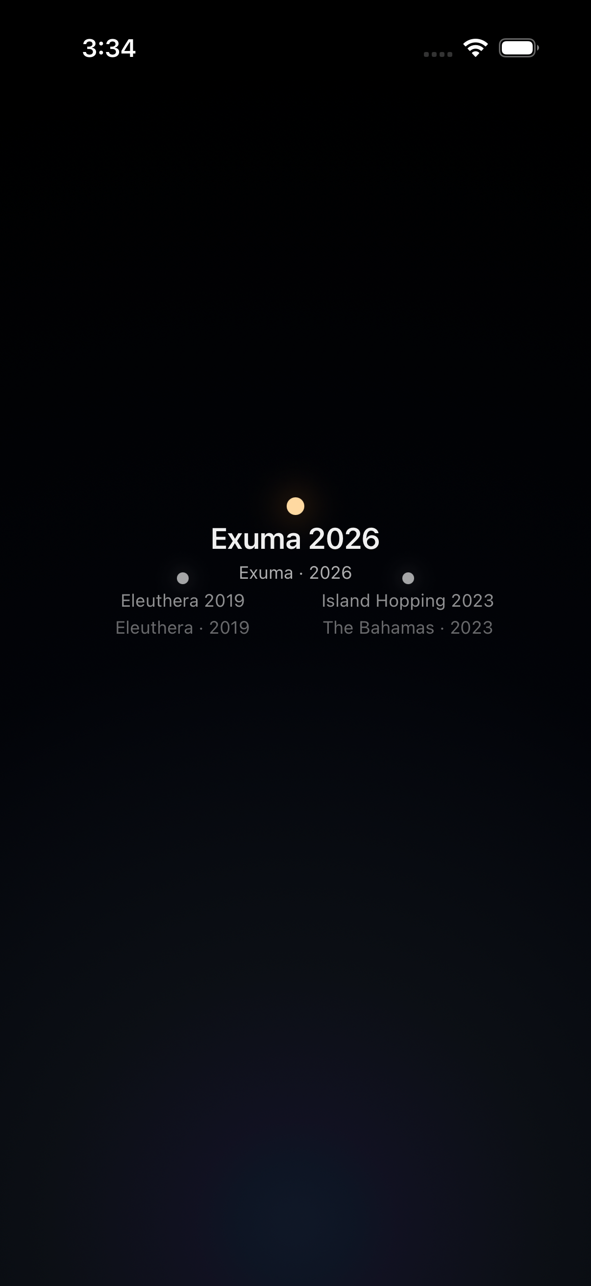 VacationOS at its widest distance: a quiet night field where Exuma 2026 glows beside the earlier Eleuthera 2019 and Island Hopping 2023 journeys.